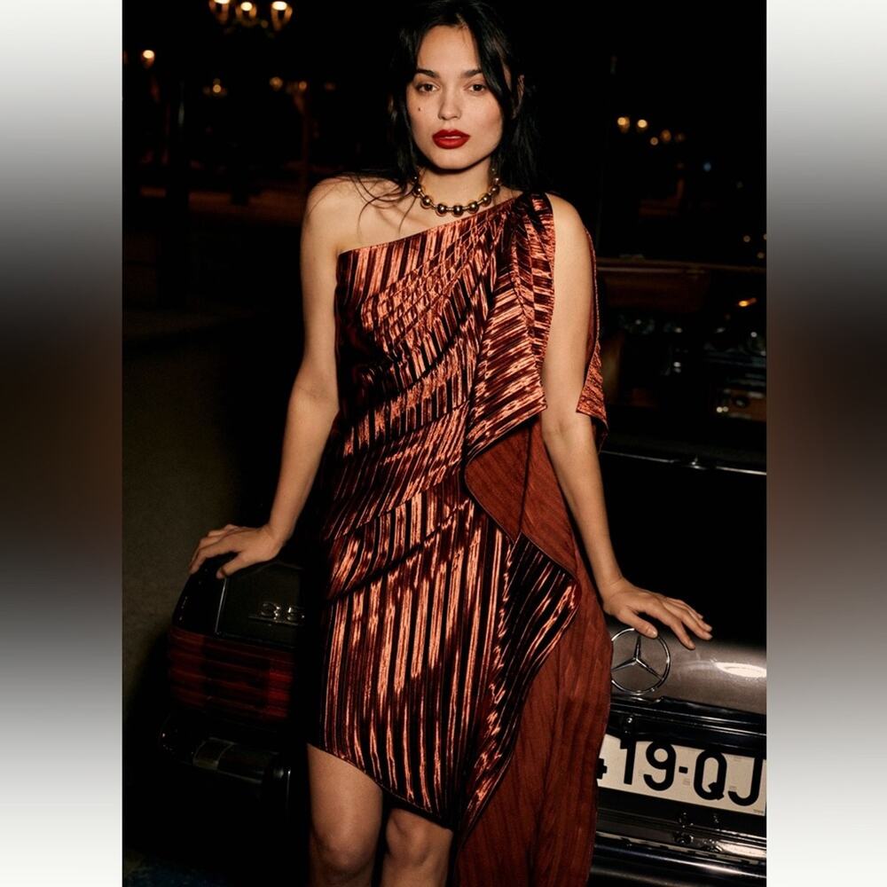 Anthropologie Guapa Pleated Satin One-Shoulder Mini Dress Bronze Size 6 New - Picture 13 of 13